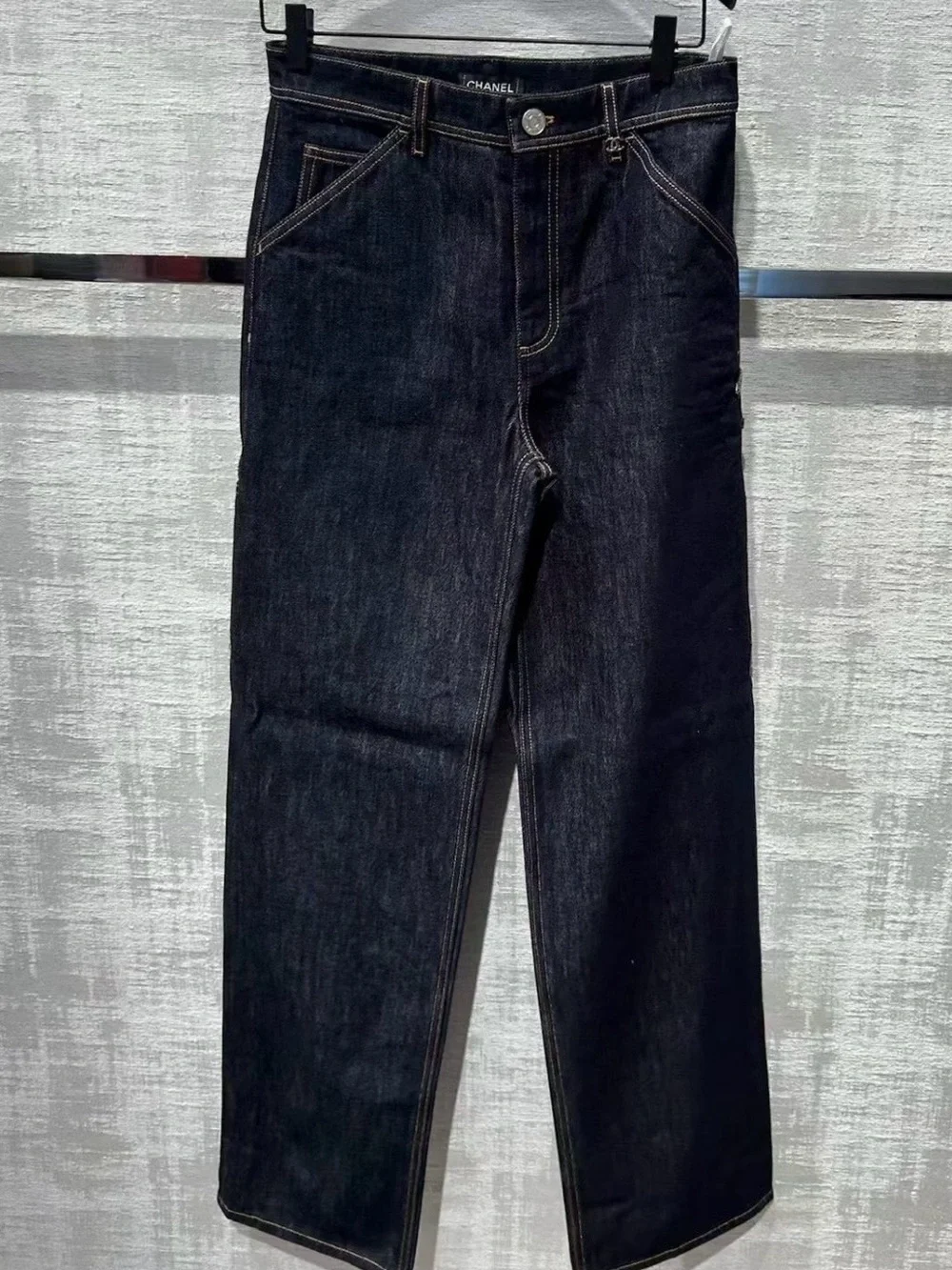 Chanel 26b Blazy Dark Blue Denim large CC Logo Cargo Jeans Size 36